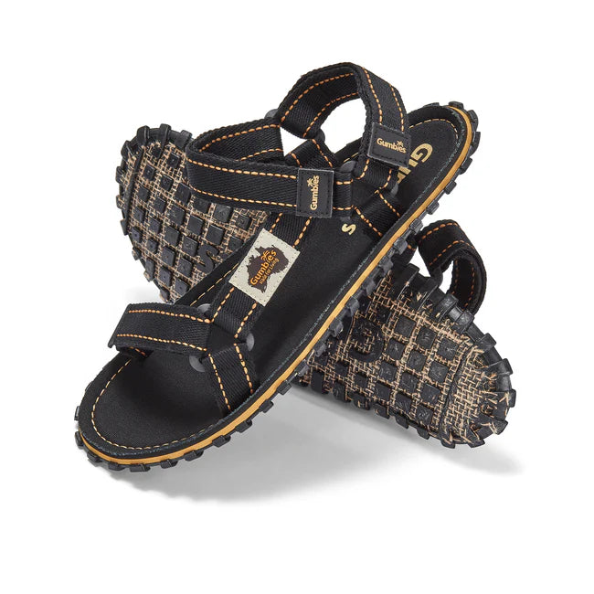 Gumbies TRACKER Unisex Sandals Black side view featuring textile upper and recycled rubber sole.