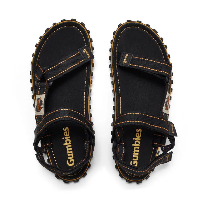 Gumbies TRACKER Unisex Sandals Black top view showing adjustable straps and contoured footbed.