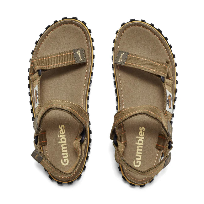 Gumbies TRACKER Unisex Sandals Khaki top view showcasing the textile upper and recycled rubber sole.