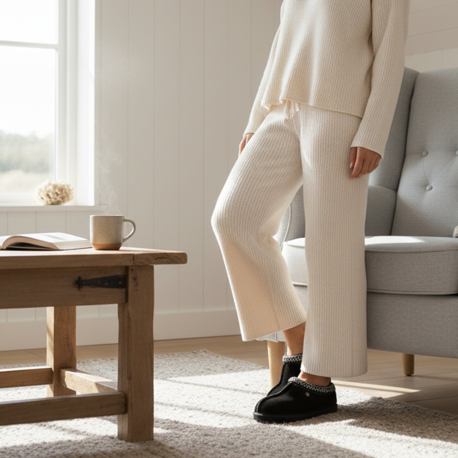 HOS Sheepskin BELLA Womens Full Slippers Black side view worn with cream outfit, showcasing comfort and style in a cozy setting.