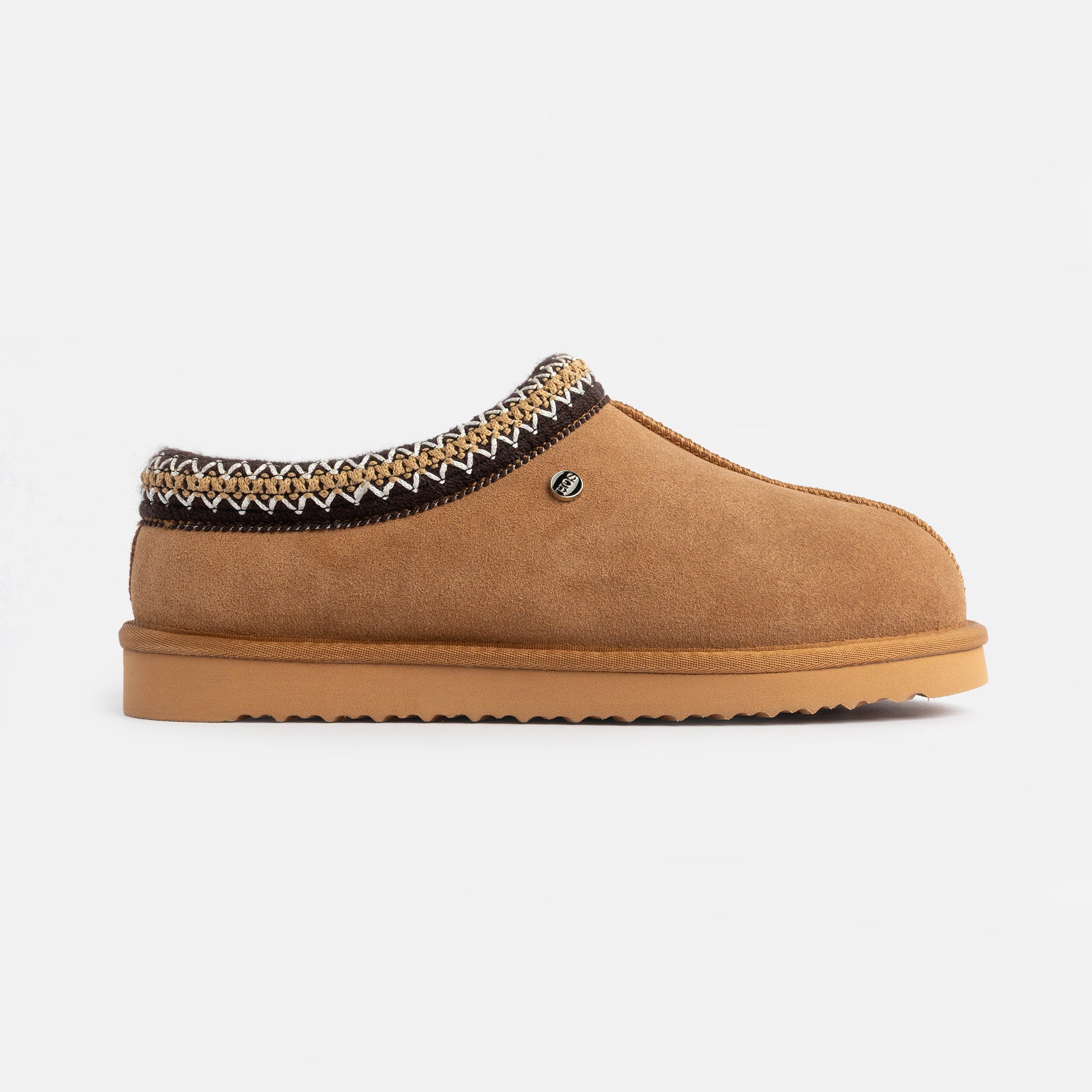 HOS Sheepskin BELLA Womens Full Slippers Chestnut side view with suede leather upper and patterned lining.