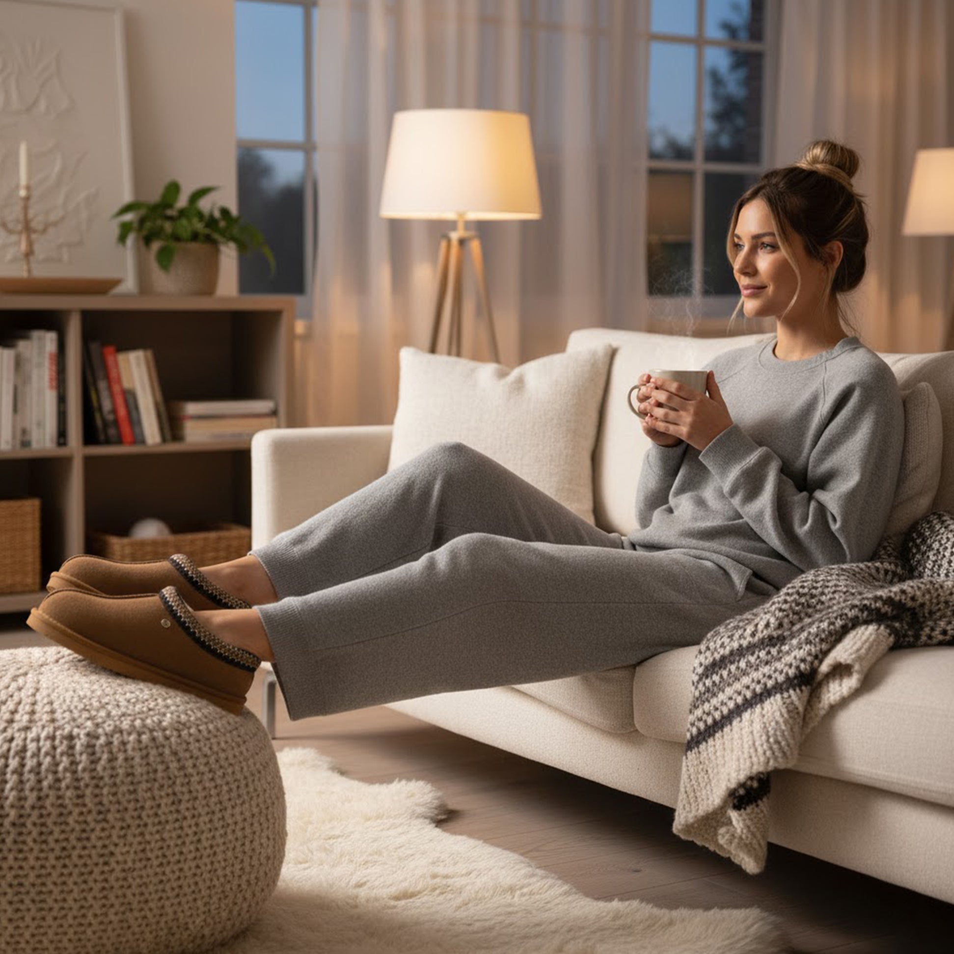 HOS Sheepskin BELLA Womens Full Slippers Chestnut side view worn by a woman sitting on a sofa holding a cup.