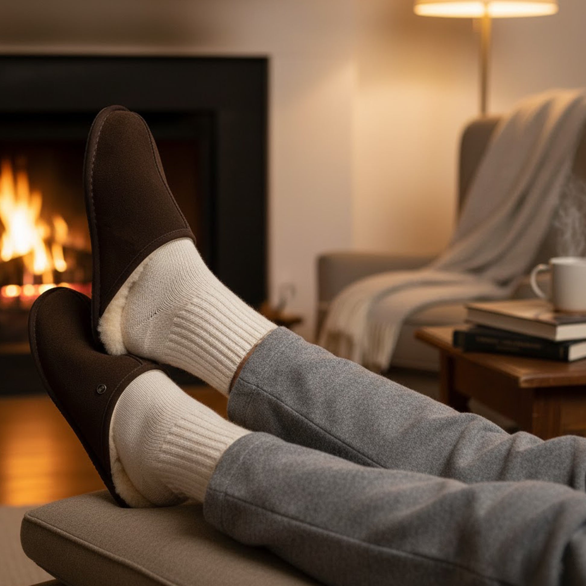 HOS Sheepskin EDWIN Mens Slippers Espresso side view with cozy atmosphere by the fireplace and relaxed feet.