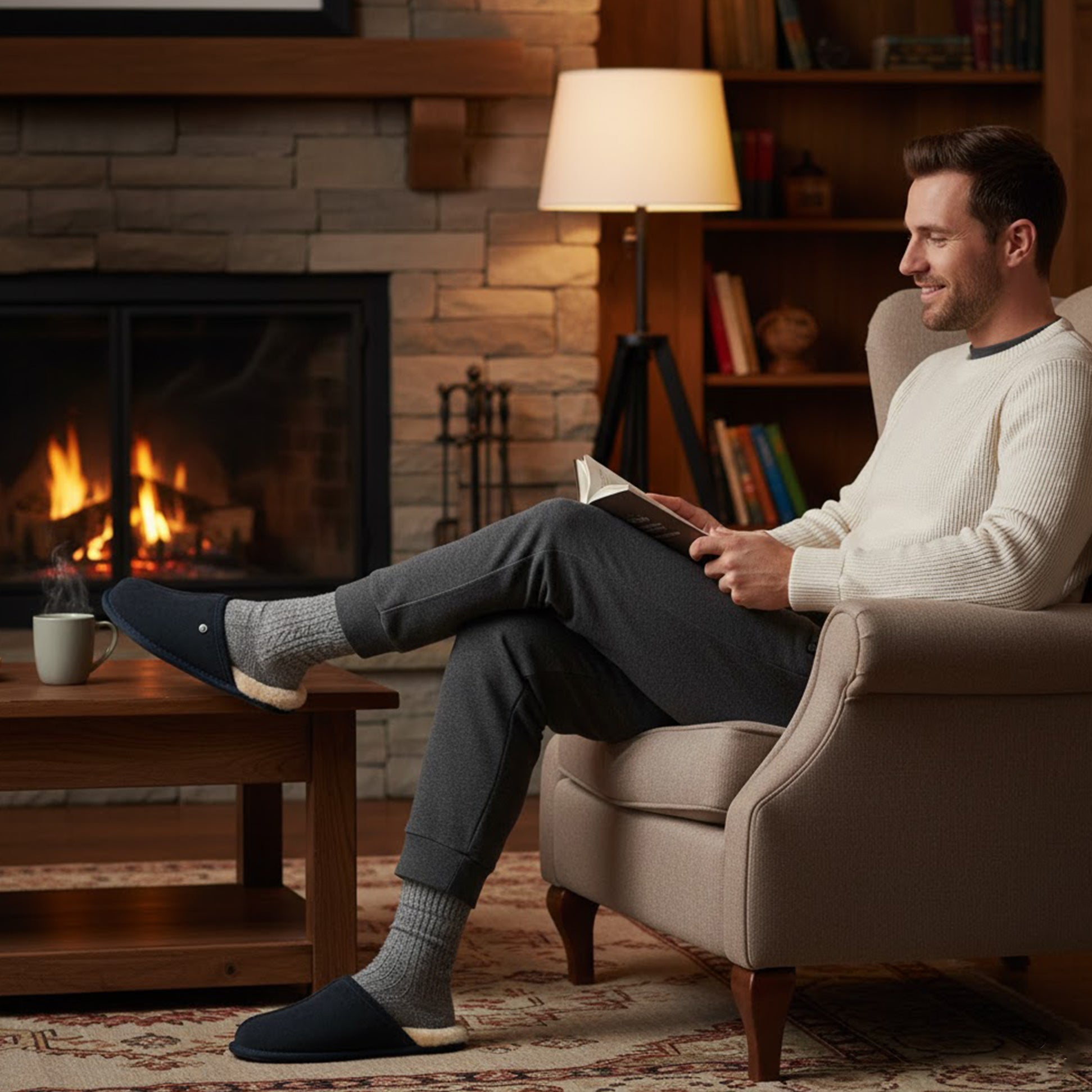HOS Sheepskin EDWIN Mens Slippers Navy worn by a man sitting in a cozy chair by the fireplace, reading a book.