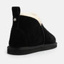 HOS Sheepskin TIA Womens Boot Slippers Black side view showing black suede upper and soft sheepskin lining.