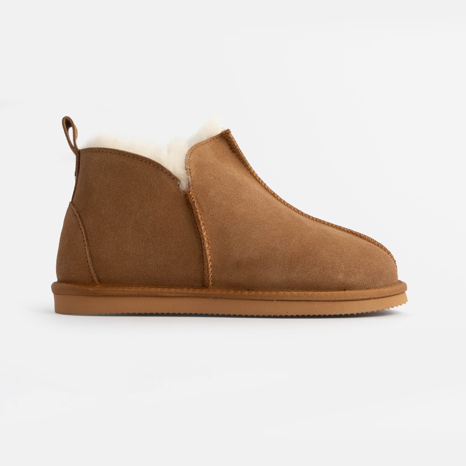 HOS Sheepskin TIA Womens Boot Slippers Chestnut side view showing soft leather and sheepskin lining.