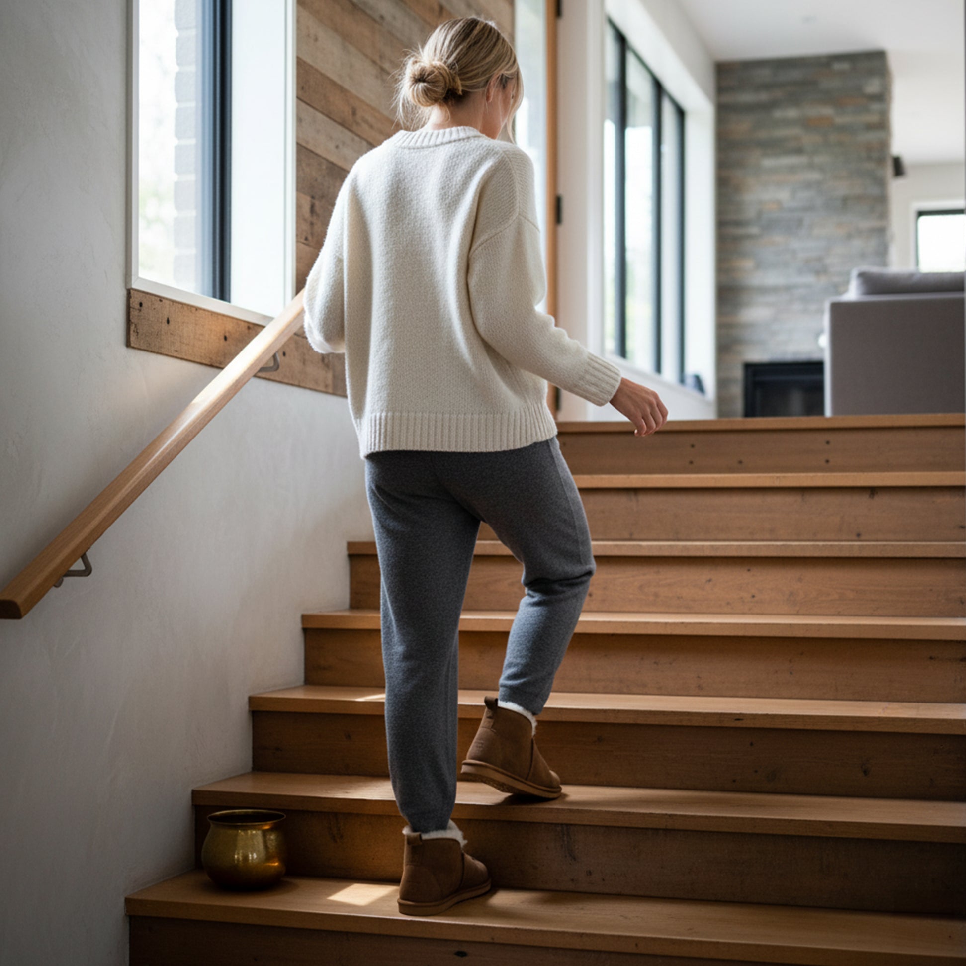HOS Sheepskin TIA Womens Boot Slippers Chestnut side view of woman walking upstairs in cozy attire.