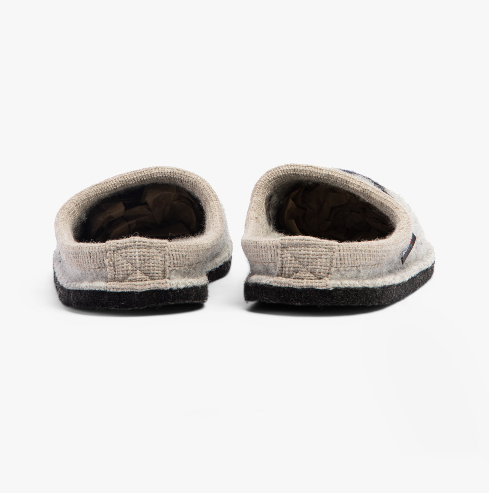 Haflinger SONGBIRD Womens Slippers Mottled Stone Grey rear view showing slip-on mules with comfortable wool lining.