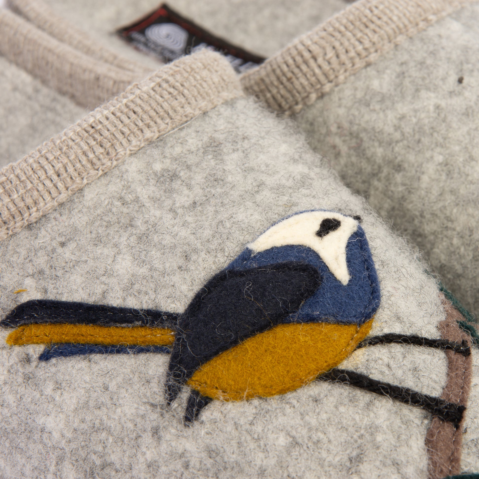 Haflinger SONGBIRD Womens Slippers Mottled Stone Grey detail view with embroidered bird design