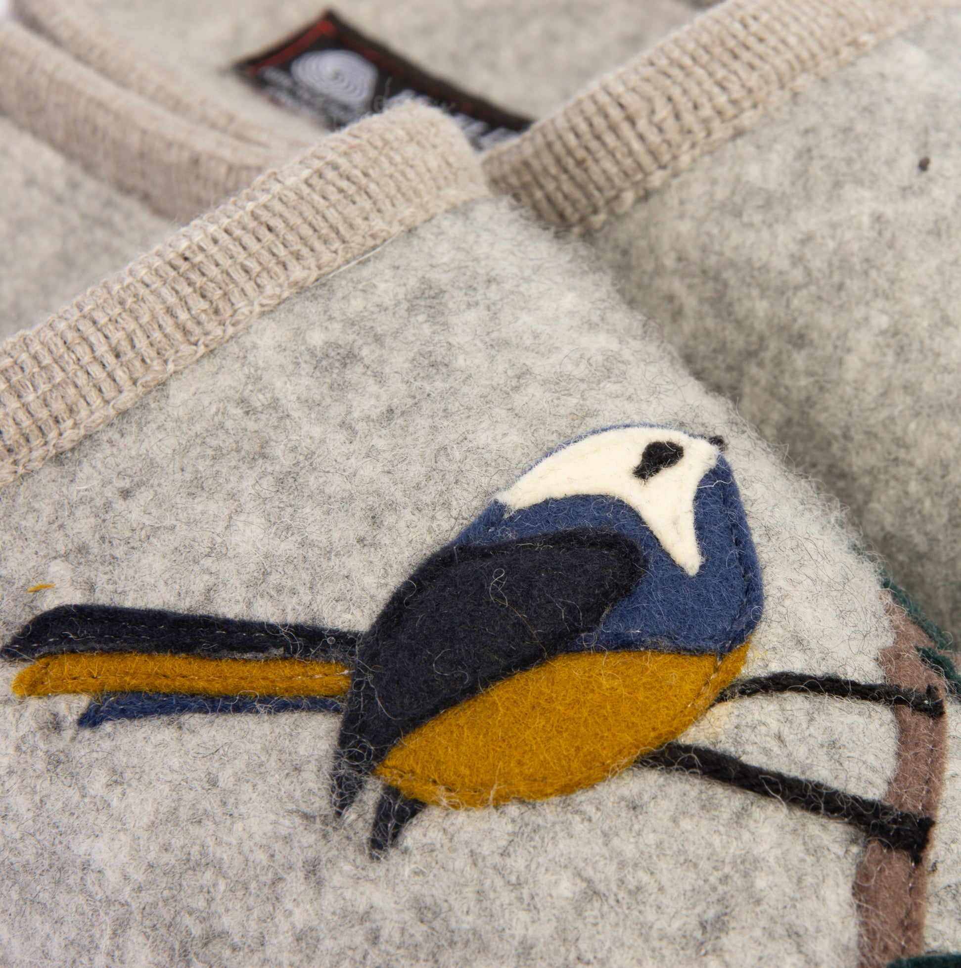 Haflinger SONGBIRD Womens Slippers Mottled Stone Grey detail view with embroidered bird design