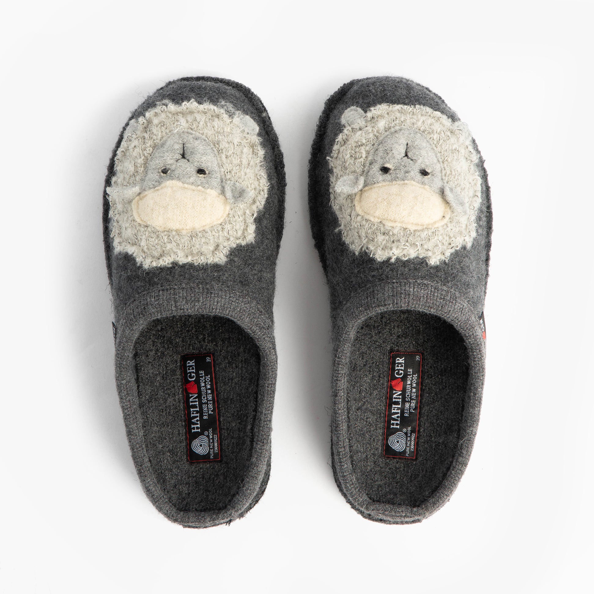 Haflinger LAMBY Womens Slippers Anthracite top view showing cozy textile material and cute animal design.