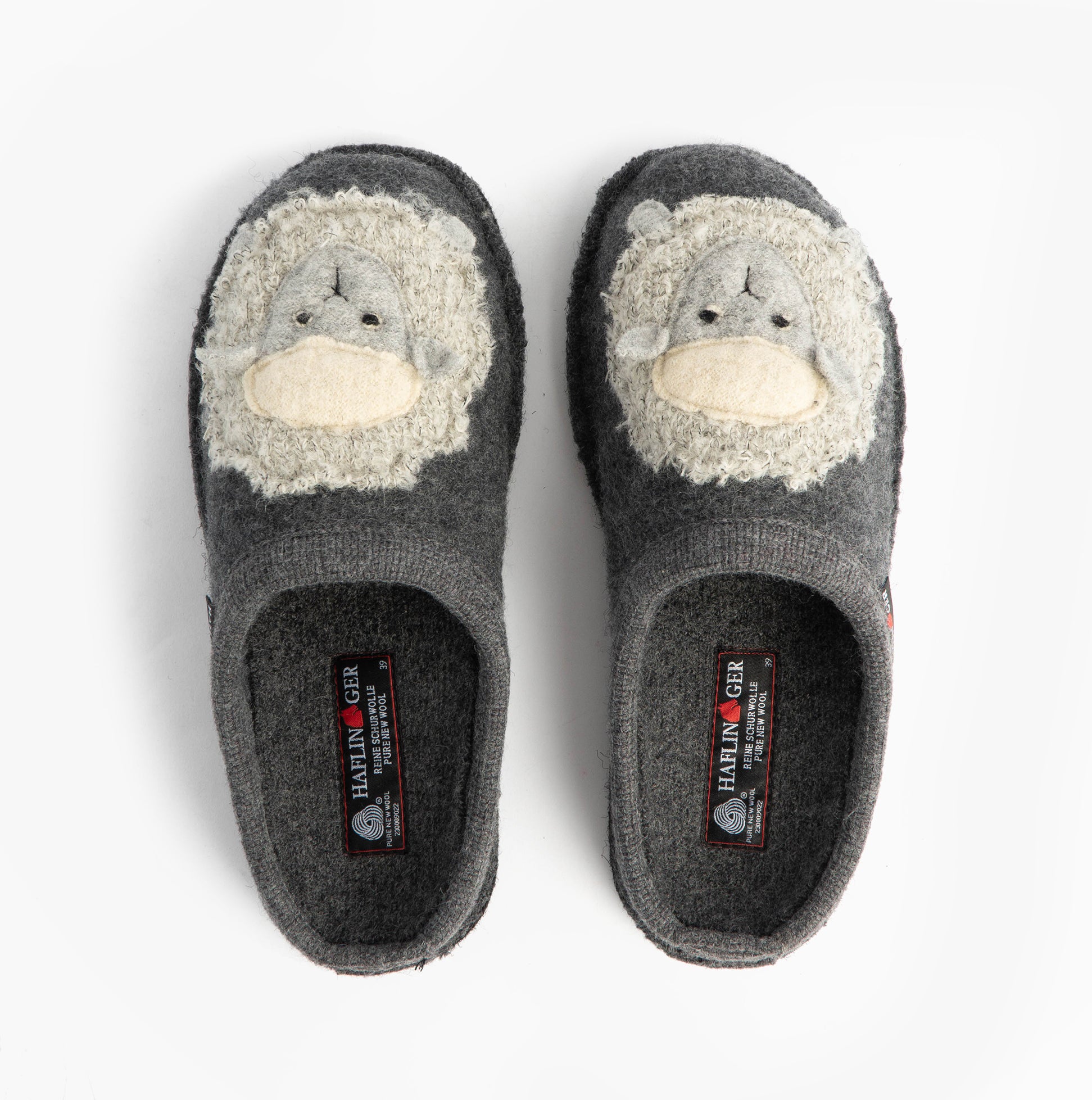 Haflinger LAMBY Womens Slippers Anthracite top view showing cozy textile material and cute animal design.