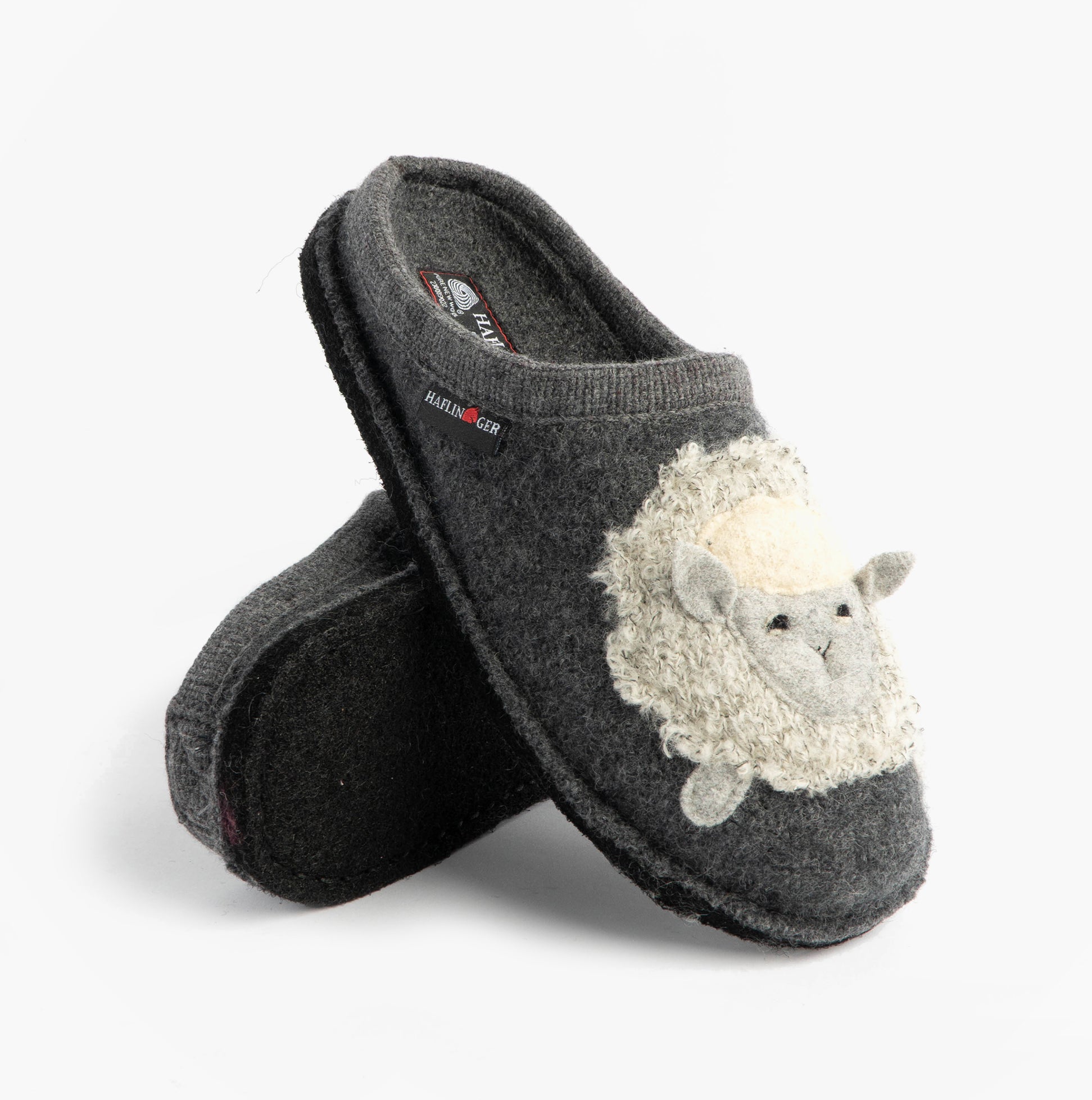 Haflinger LAMBY Womens Slippers Anthracite side view showcasing fuzzy sheep design and comfortable slip-on style.