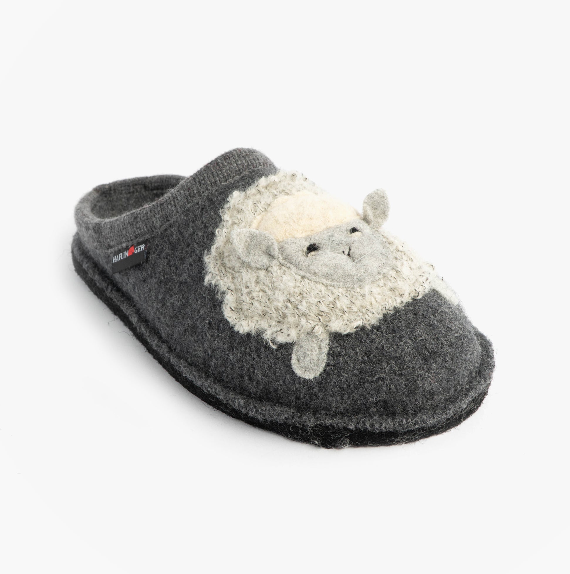 Haflinger LAMBY Womens Slippers Anthracite side view featuring sheep design, comfortable slip-on textile mules.