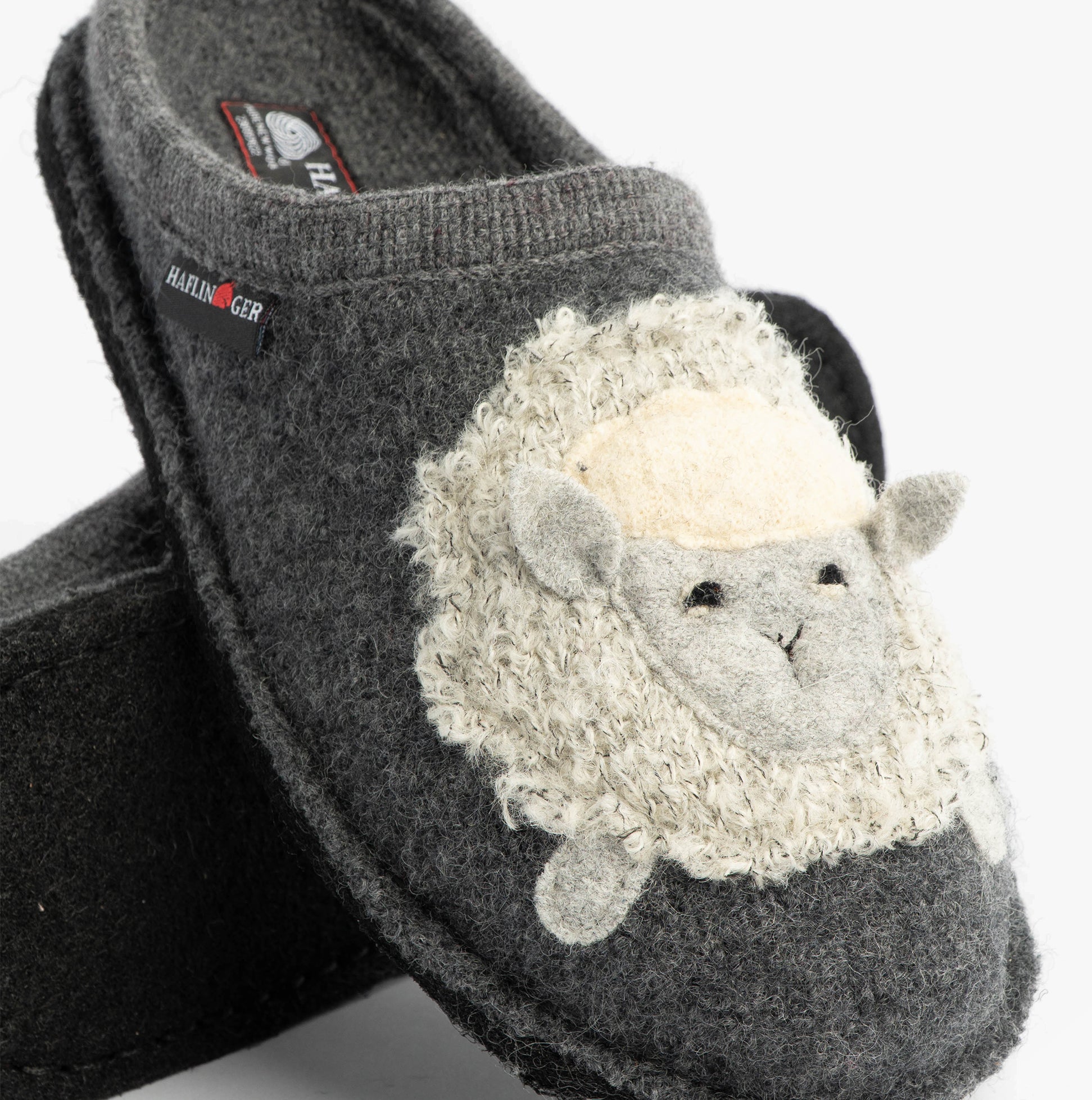Haflinger LAMBY Womens Slippers Anthracite side view showing sheep design and soft textile upper.