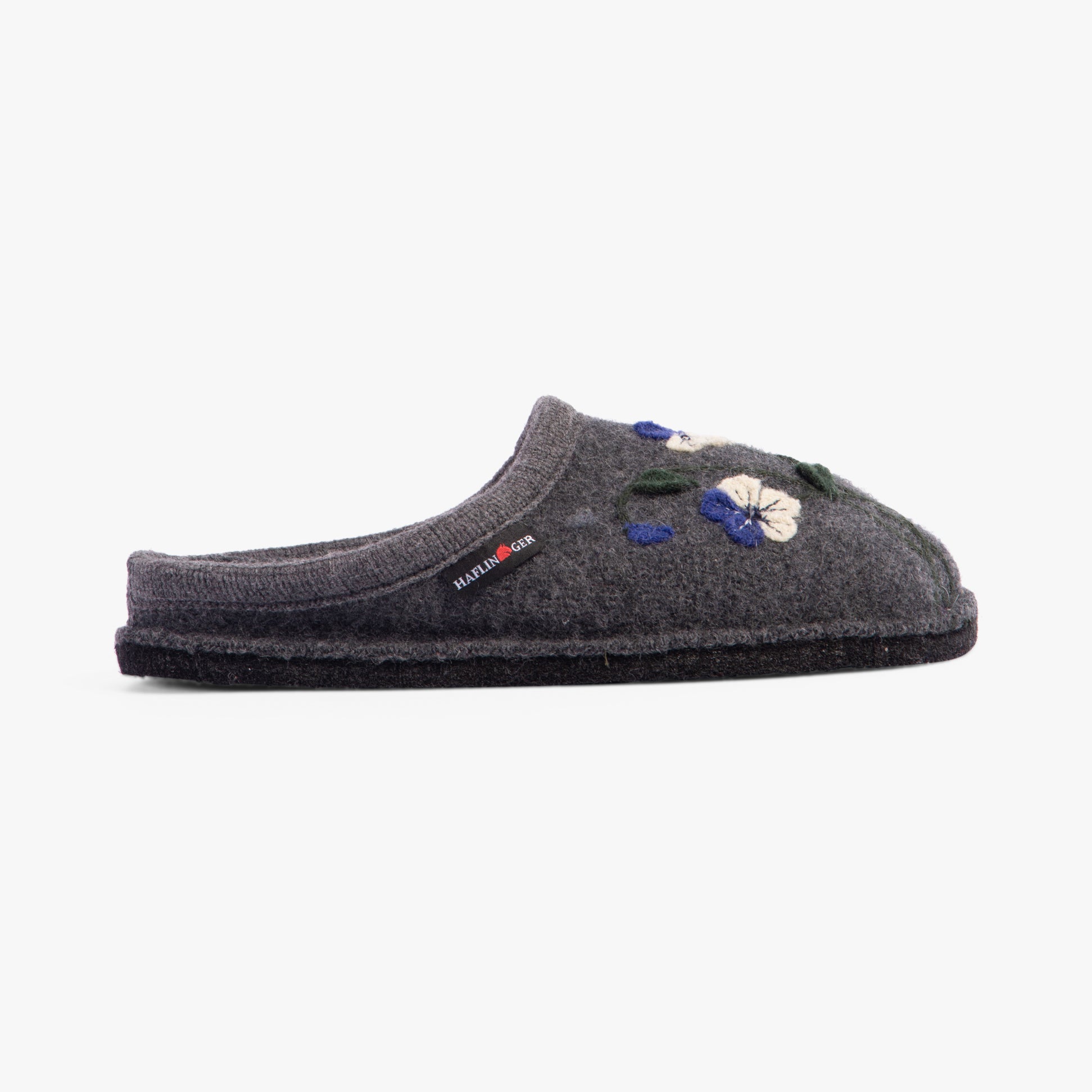 Haflinger VIOLA Womens Slippers Anthracite side view showing embroidered design and round toe shape.