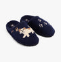 Haflinger FIDO Womens Slippers Navy front view showing dog design and paw prints on wool mules.