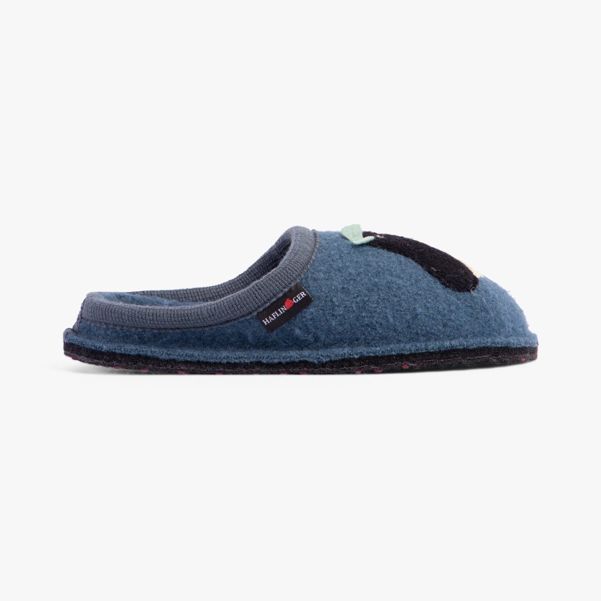 Haflinger PINGU Womens Slippers Powder Blue side view showcasing the wool upper, round toe, and slip-on design.