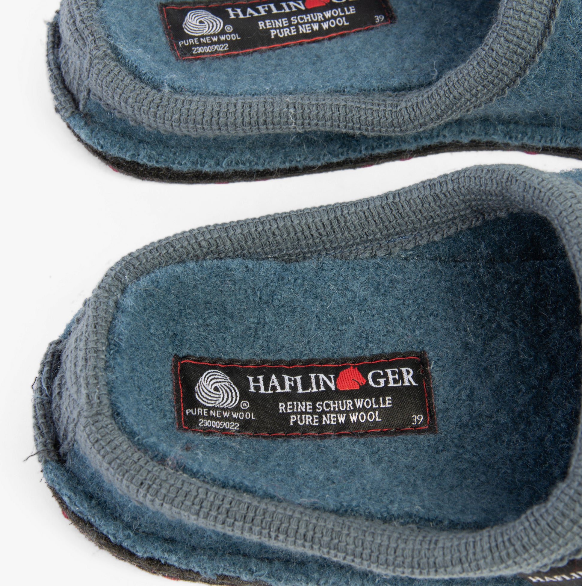 Haflinger PINGU Womens Slippers Powder Blue detail view of wool lining and label