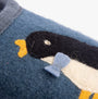 Haflinger PINGU Womens Slippers Powder Blue detail view featuring penguin design on soft wool upper.