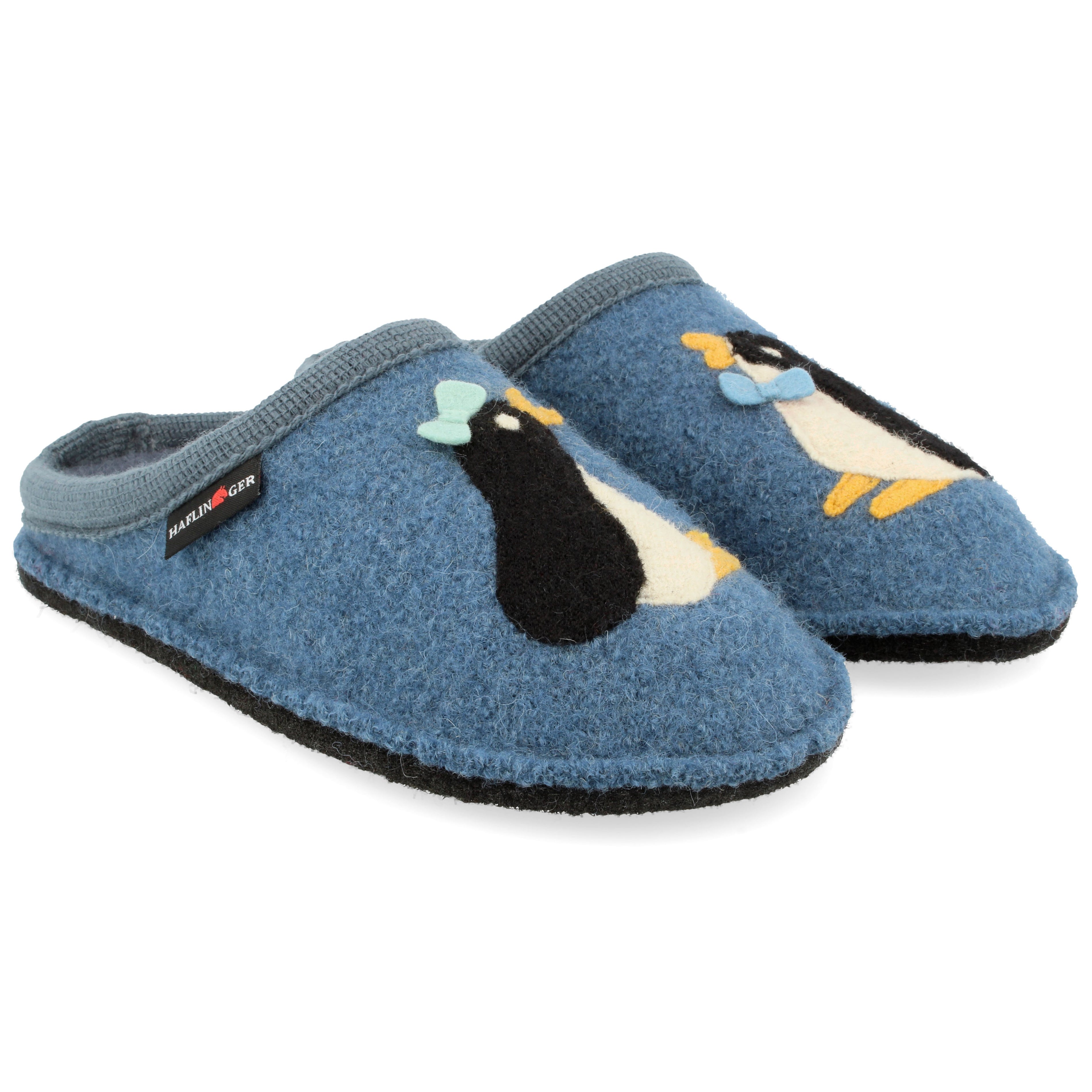 Haflinger PINGU Womens Slippers Powder Blue side view featuring adorable penguin design on a wool upper