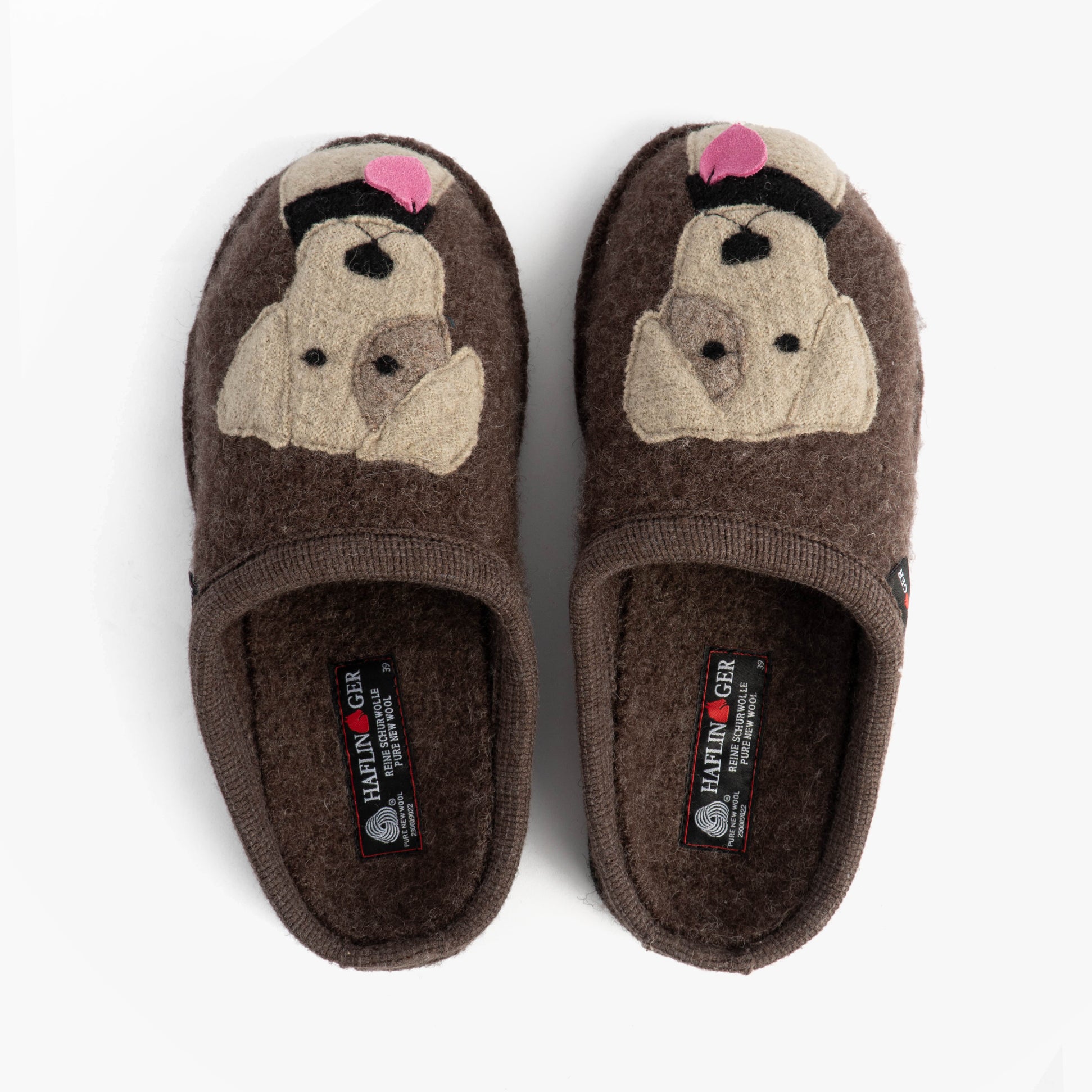 Haflinger RUDI Womens Slippers Brown top view with dog design, slip-on mules, textile upper, round toe.