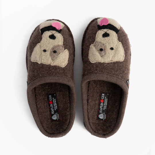 Haflinger RUDI Womens Slippers Brown top view with dog design, slip-on mules, textile upper, round toe.