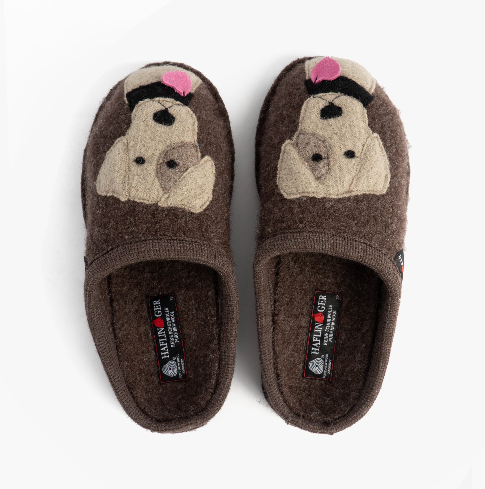 Haflinger RUDI Womens Slippers Brown top view with dog design, slip-on mules, textile upper, round toe.