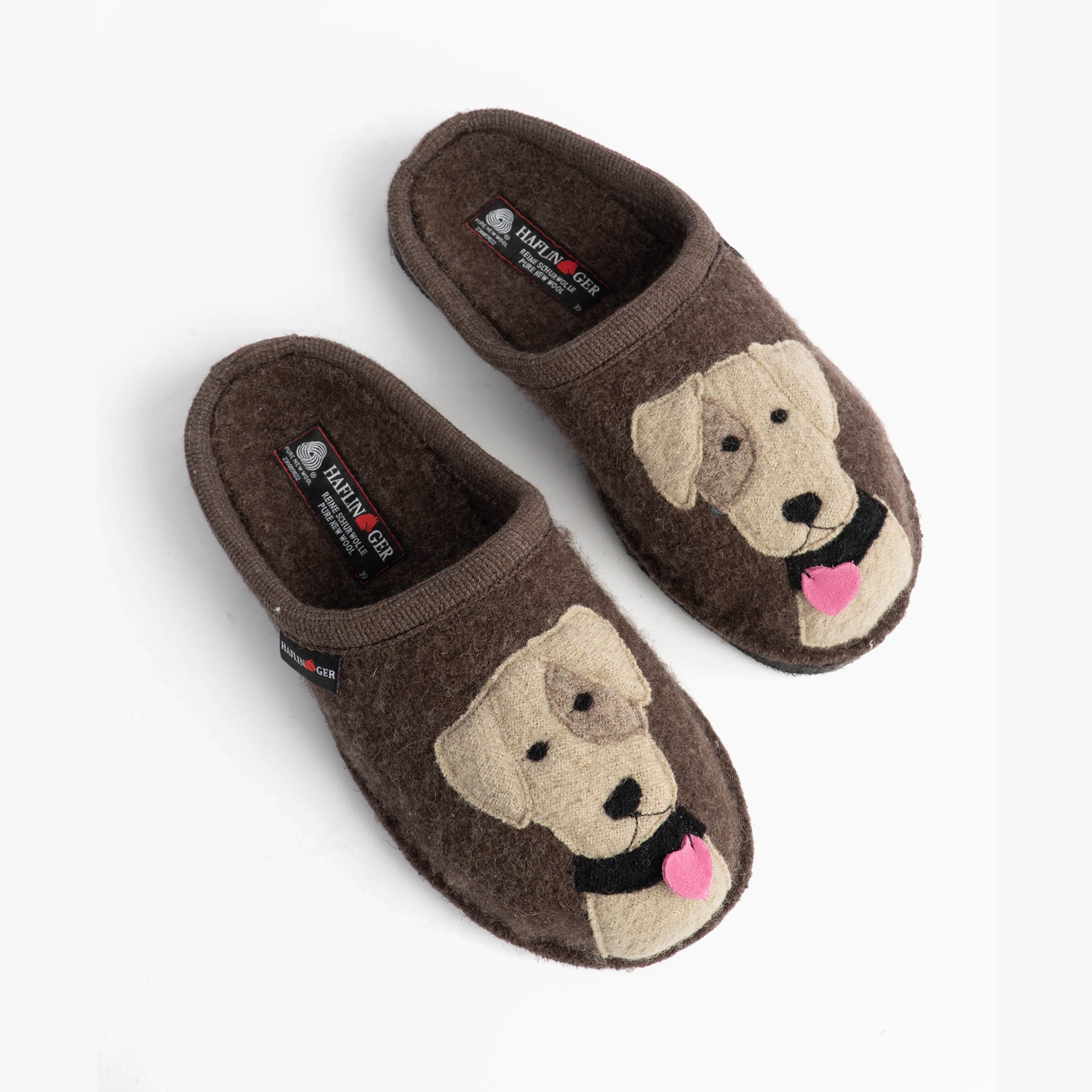 Haflinger RUDI Womens Slippers Brown top view featuring dog design, slip-on mules with round toe.