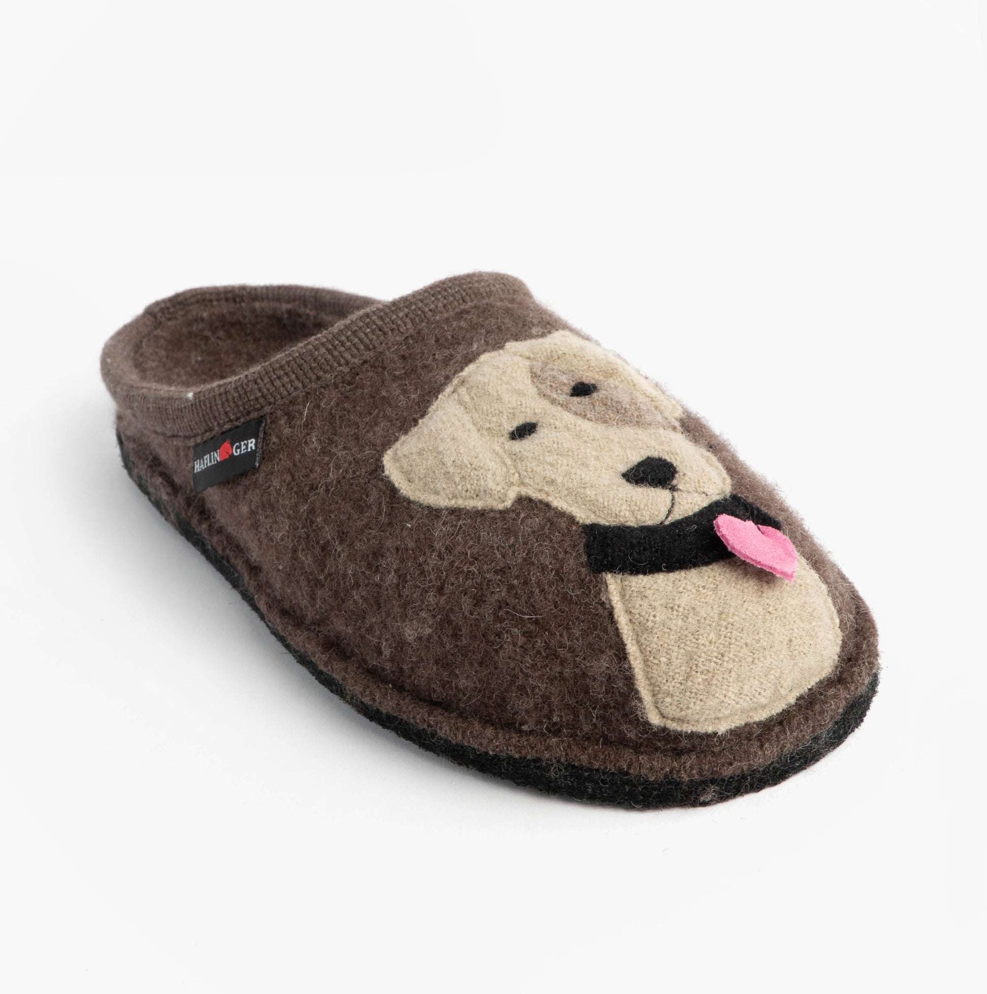 Haflinger RUDI Womens Slippers Brown side view featuring dog design and slip-on style