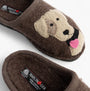 Haflinger RUDI Womens Slippers Brown detail view showing embroidered dog design on cozy textile upper.