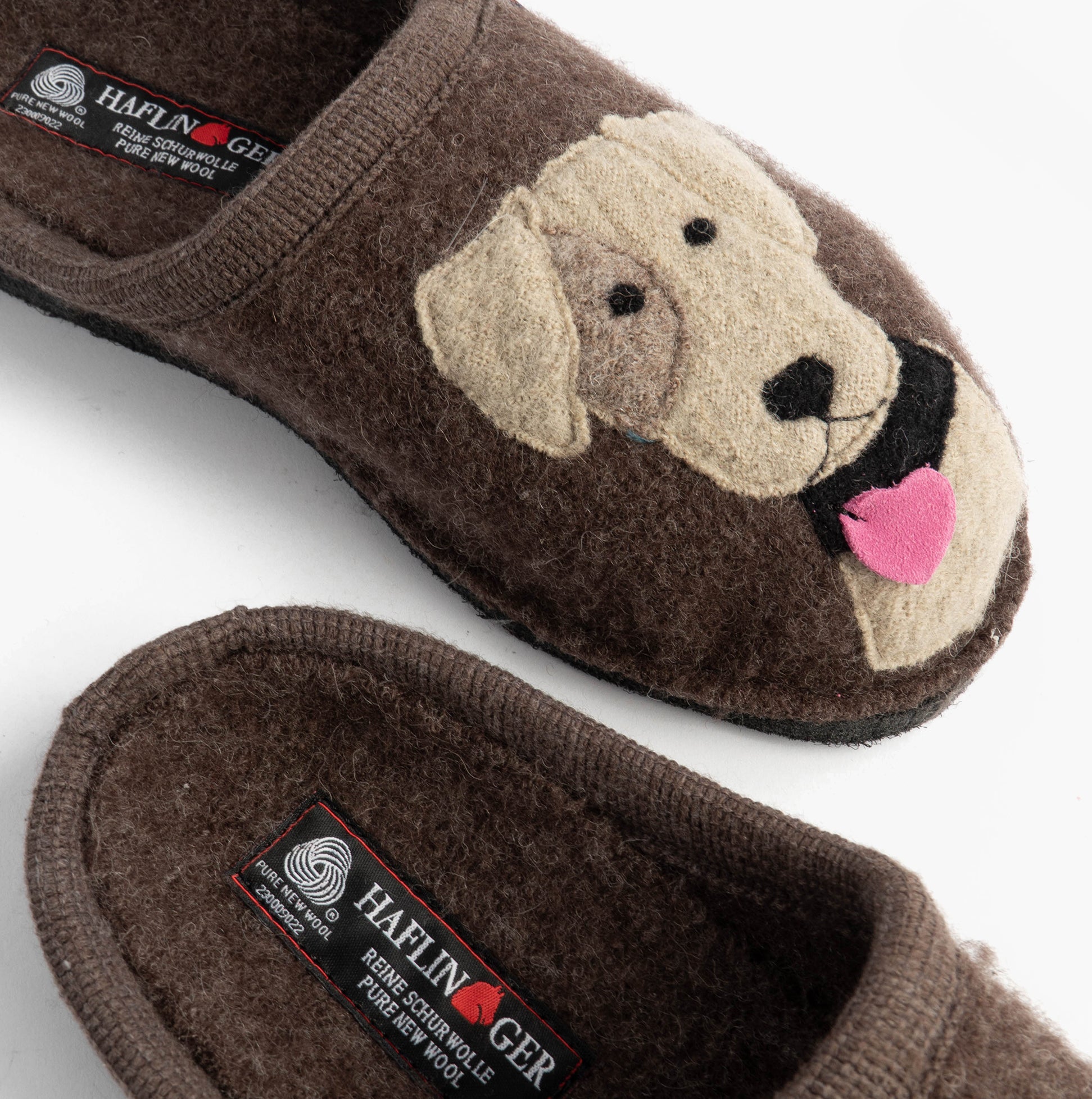 Haflinger RUDI Womens Slippers Brown detail view showing embroidered dog design on cozy textile upper.