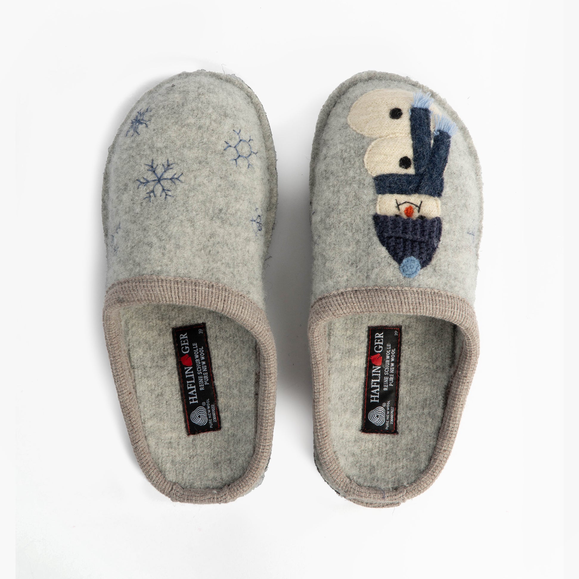 Haflinger OLAF Womens Snowman Mule Slippers Light Grey top view showing snowman design and wool material.
