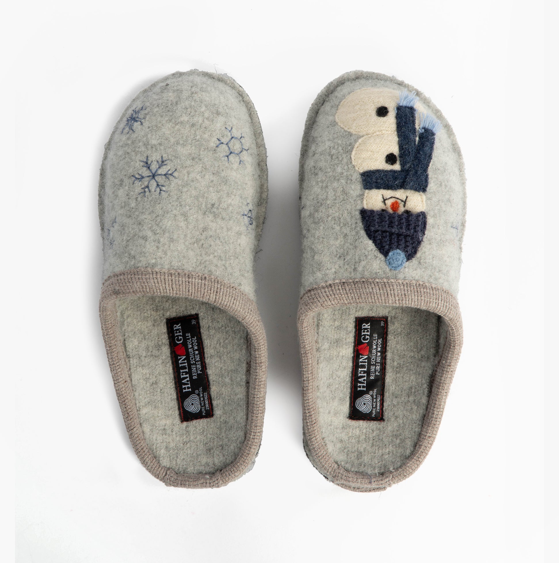 Haflinger OLAF Womens Snowman Mule Slippers Light Grey top view showing snowman design and wool material.