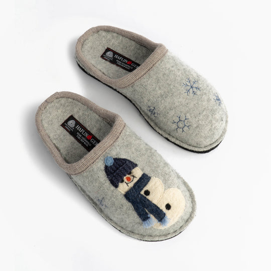 Haflinger OLAF Womens Snowman Mule Slippers Light Grey top view showcasing wool upper and snowman design.