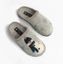 Haflinger OLAF Womens Snowman Mule Slippers Light Grey top view showcasing wool upper and snowman design.