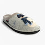 Haflinger OLAF Womens Snowman Mule Slippers Light Grey side view showing wool upper and snowman design.