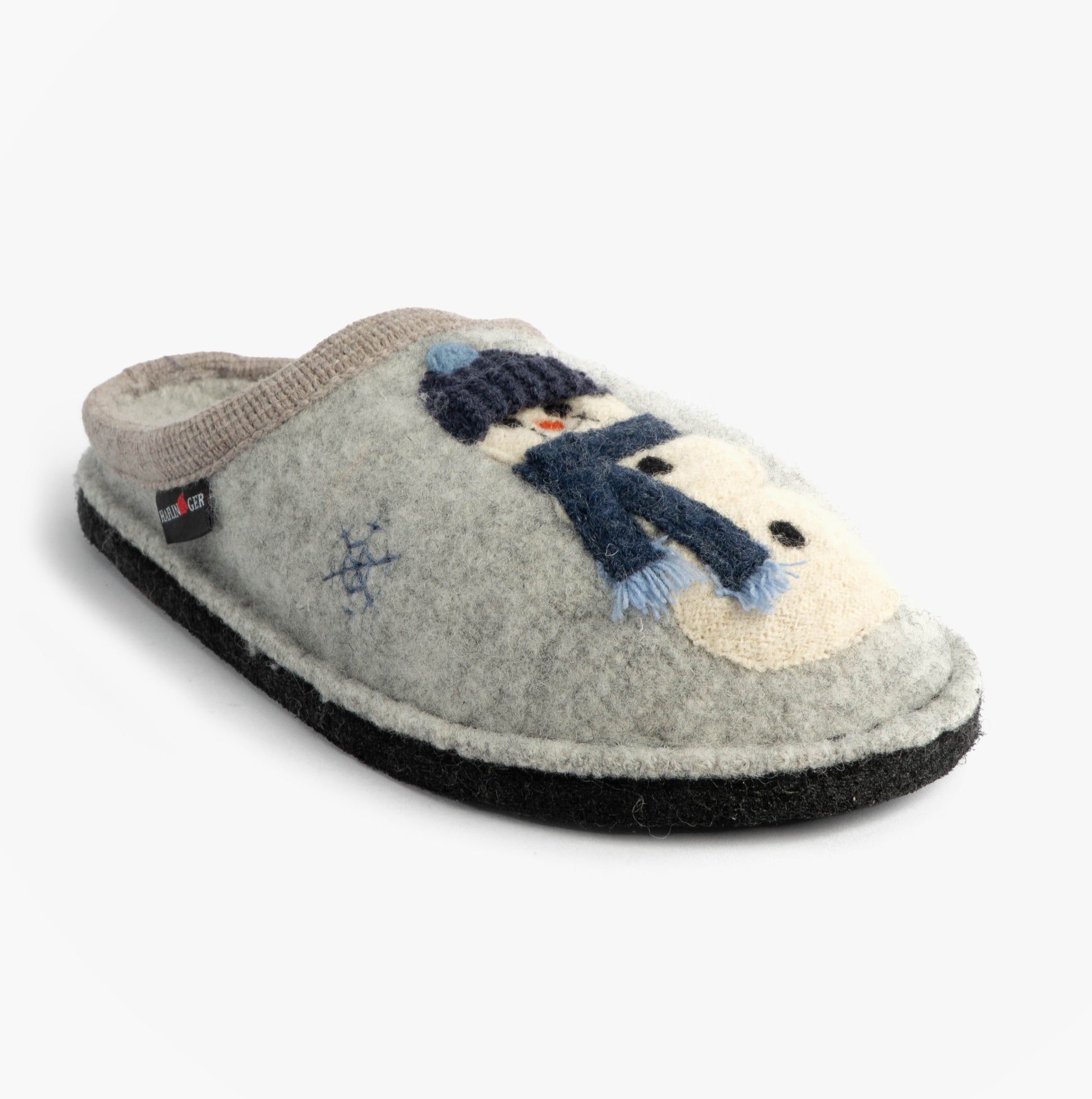 Haflinger OLAF Womens Snowman Mule Slippers Light Grey side view showing wool upper and snowman design.
