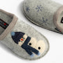 Haflinger OLAF Womens Snowman Mule Slippers Light Grey detail view with snowman design and snowflakes.