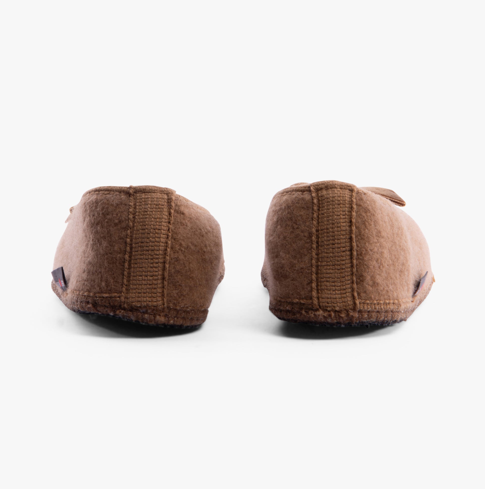 Haflinger FIOCCO Womens Slippers Camel back view showing the soft brown felt material and round toe shape.