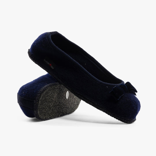 Haflinger FIOCCO Womens Slippers Navy side view showing round toe and slip-on design with textured sole.