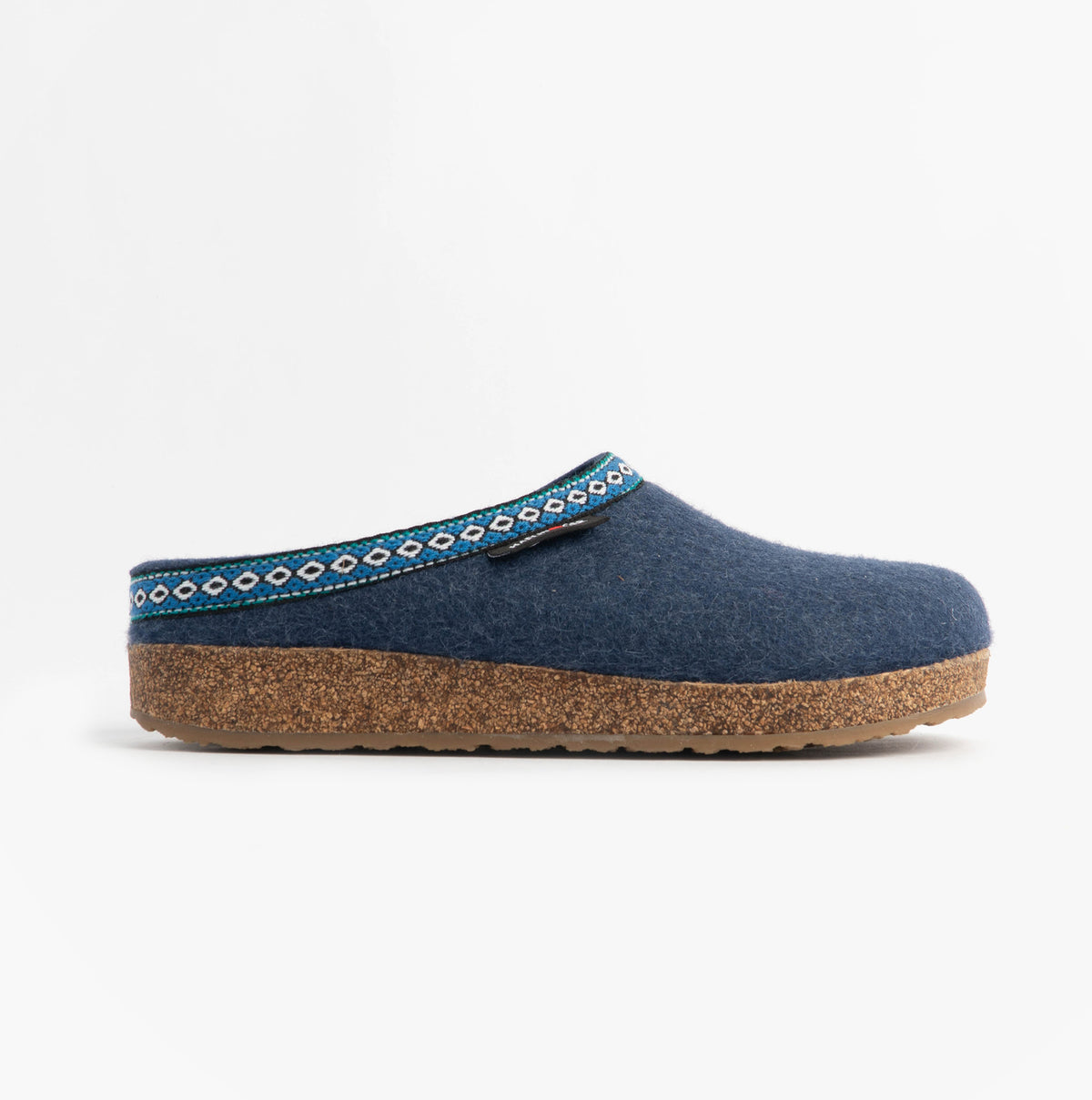 Haflinger FRANZL Womens Felt Clogs Jeans Blue side view showing textile upper and cork sole