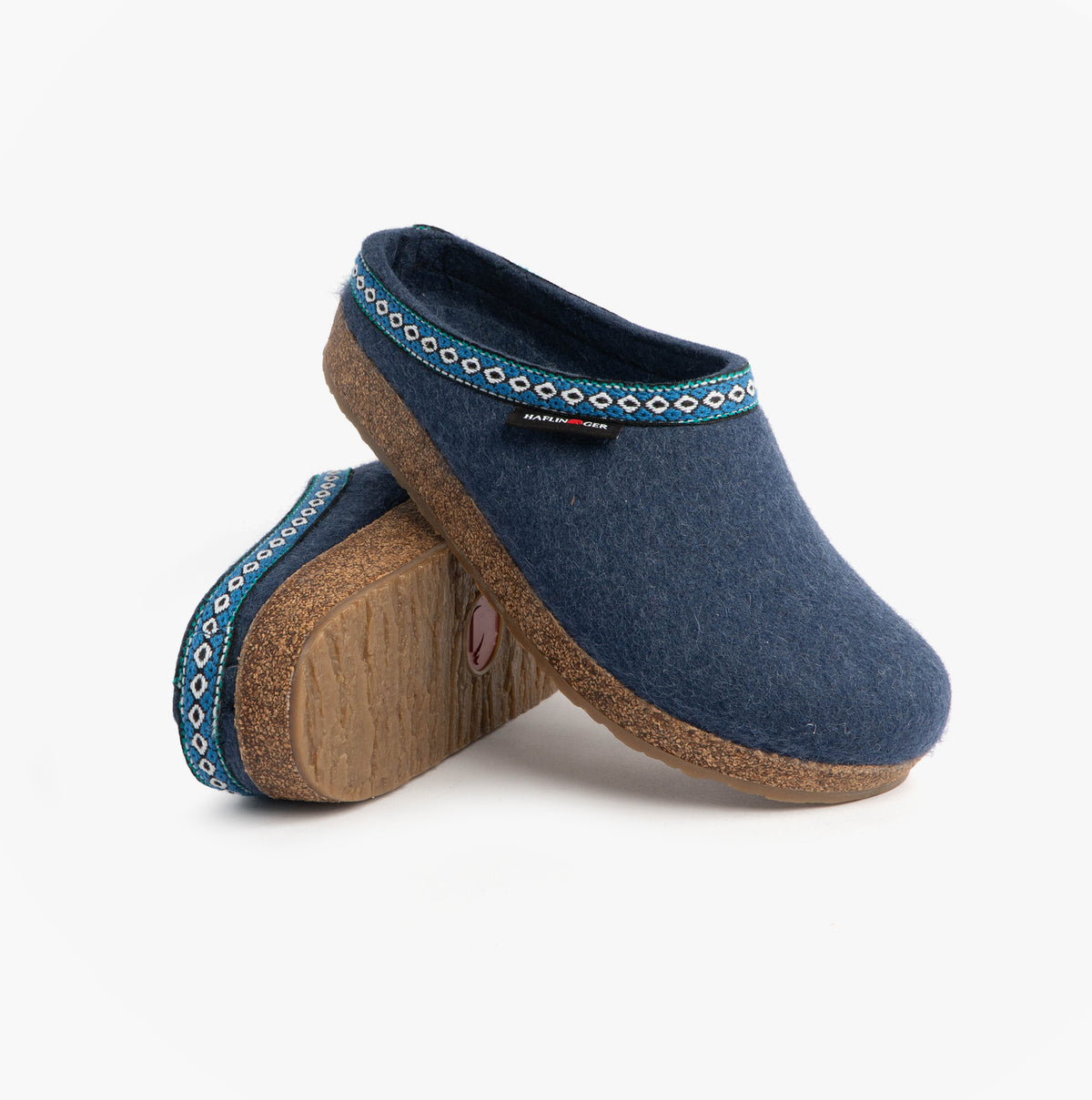 Haflinger FRANZL Womens Felt Clogs Jeans Blue side view showing textile upper and rubber cork sole.