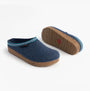 Haflinger FRANZL Womens Felt Clogs Jeans Blue side and sole view, featuring a textile upper and rubber cork sole.
