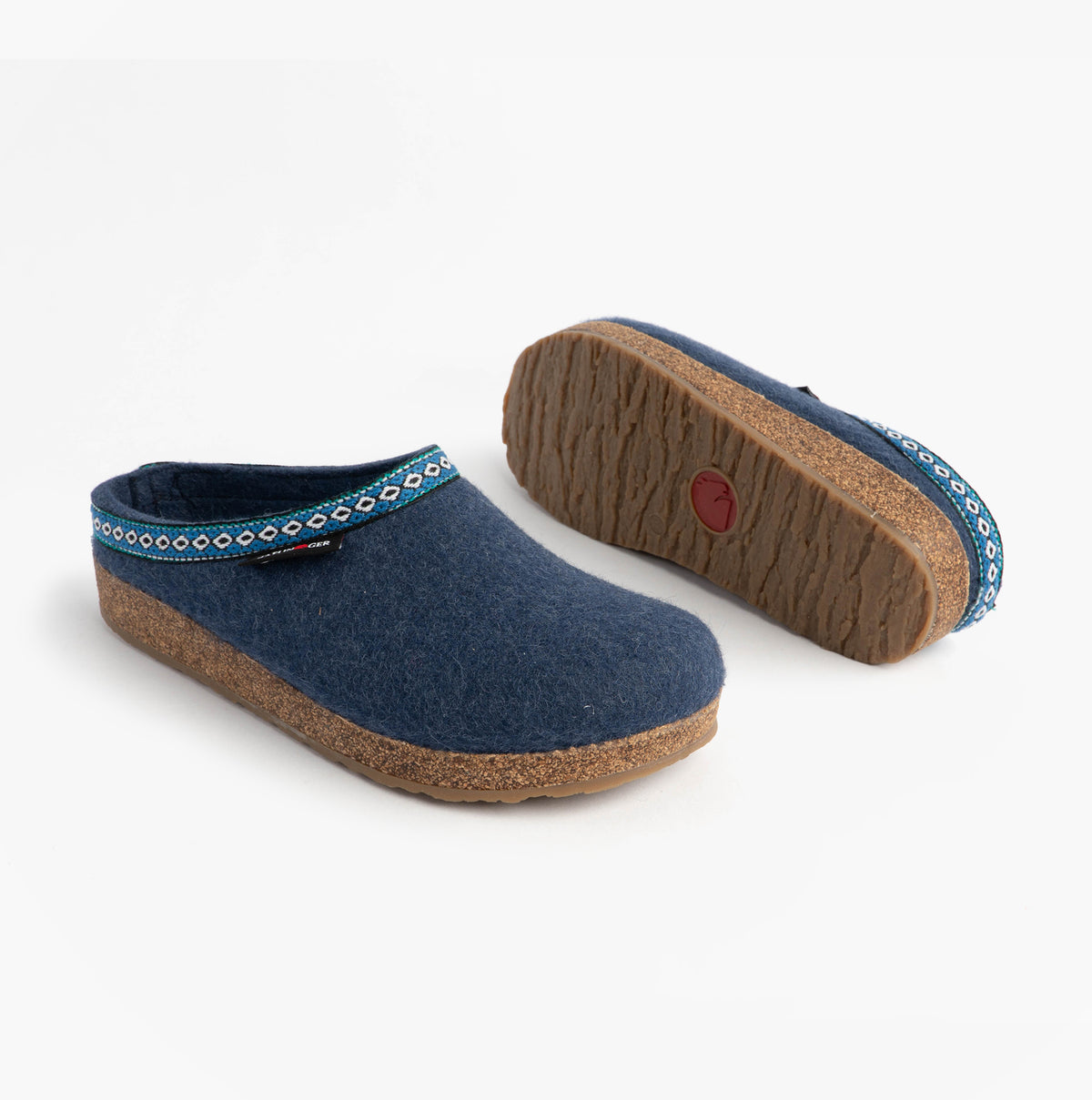 Haflinger FRANZL Womens Felt Clogs Jeans Blue side and sole view, featuring a textile upper and rubber cork sole.