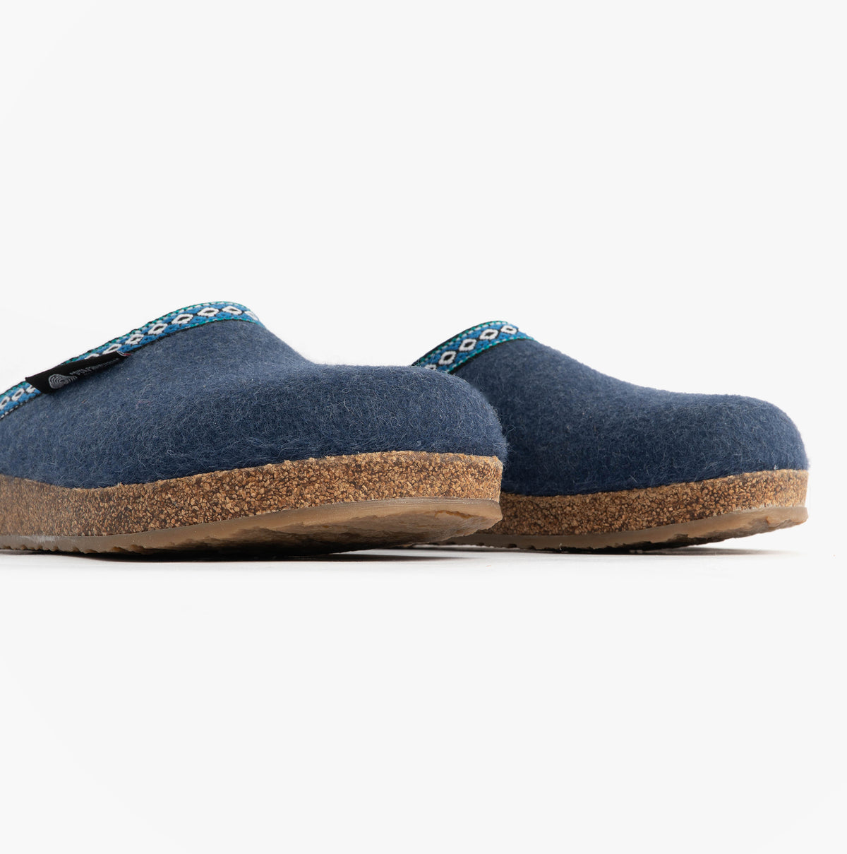 Haflinger FRANZL Womens Felt Clogs Jeans Blue side view showcasing textile upper and rubber cork sole.