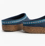 Haflinger FRANZL Womens Felt Clogs Jeans Blue side view showing textile upper and cushioned cork sole.