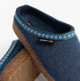 Haflinger FRANZL Womens Felt Clogs Jeans Blue upper side view with textile and cork sole, featuring decorative trim.
