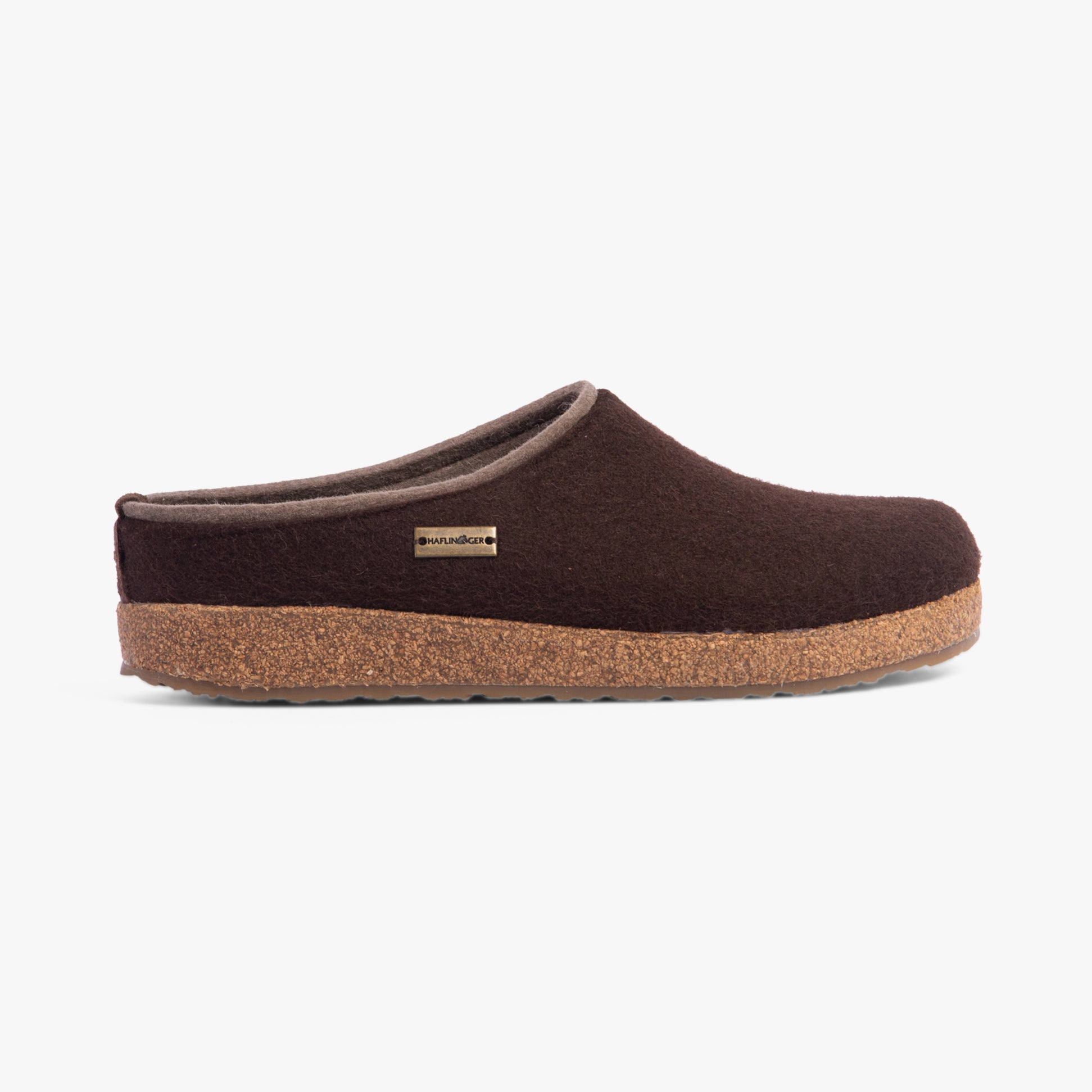 Haflinger KRIS Womens Felt Clogs Espresso side view showing wool upper and cork sole.