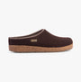 Haflinger KRIS Womens Felt Clogs Espresso side view showing wool upper and cork sole.
